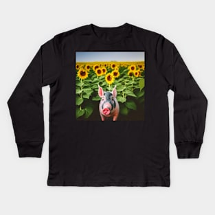 Pig in a Sunflower Field Kids Long Sleeve T-Shirt